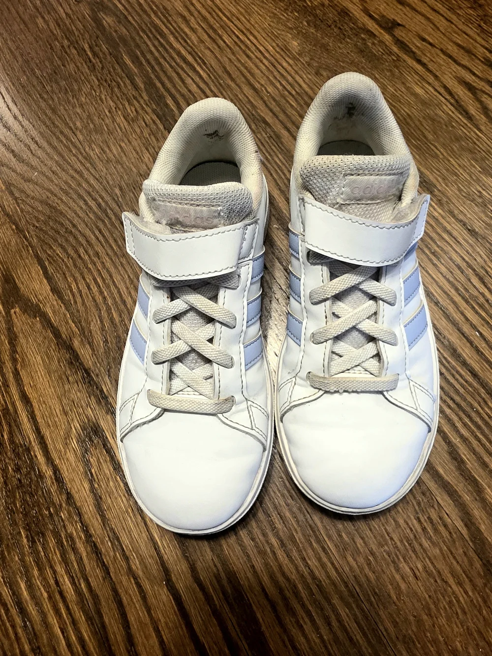adidas Kids White Sneakers with Light Blue Stripes Velcro